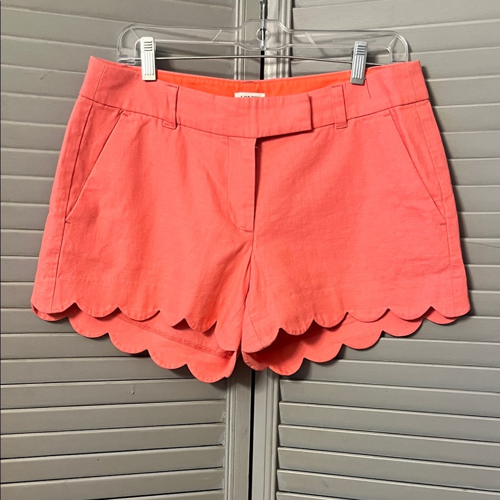 J. Crew Light Coral Scalloped Hem Shorts, Linen/Cotton Blend, Side Pockets, Sz 6